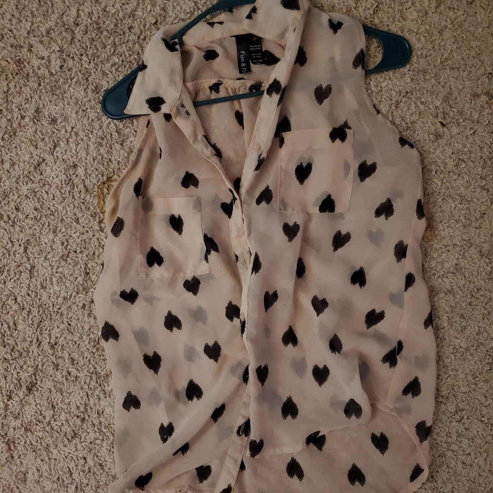 Sheer pink button down shirt with hearts